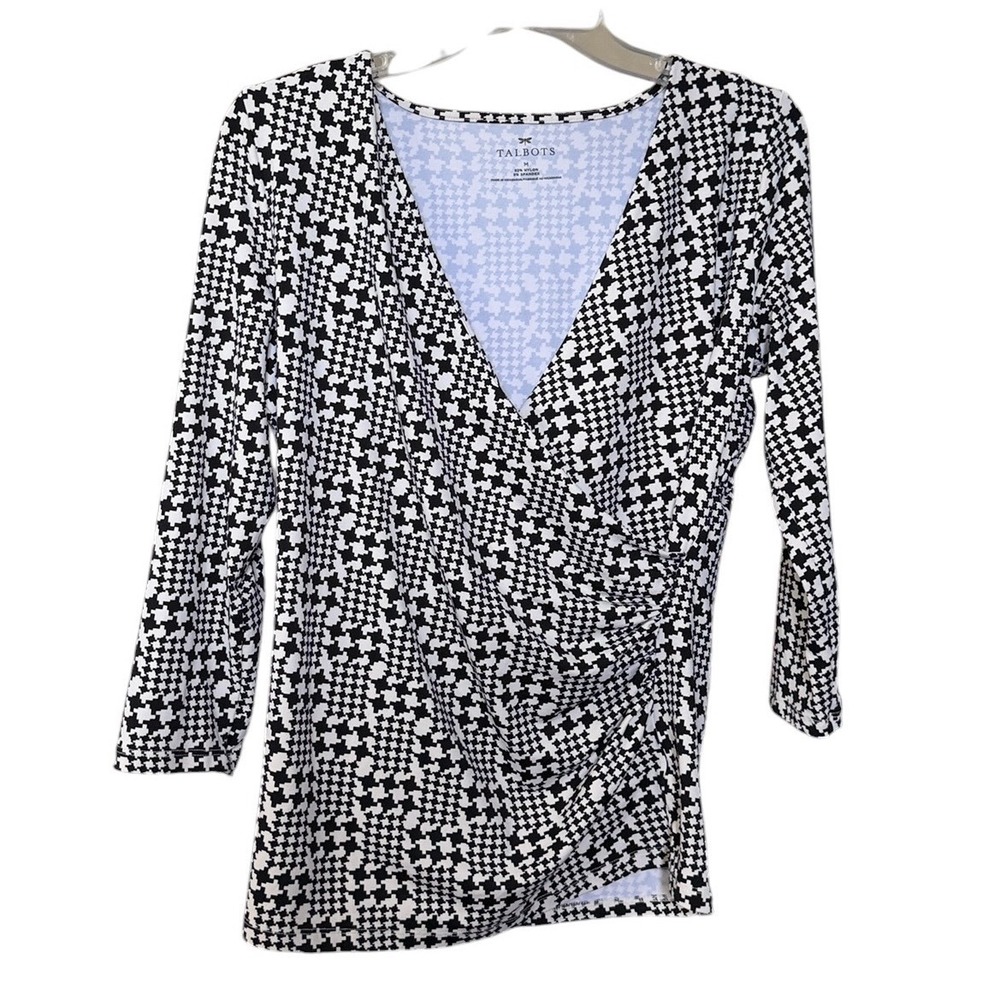 Talbots Black White Houndstooth Faux Wrap Top 3/4 Sleeve V-Neck M Classic Office